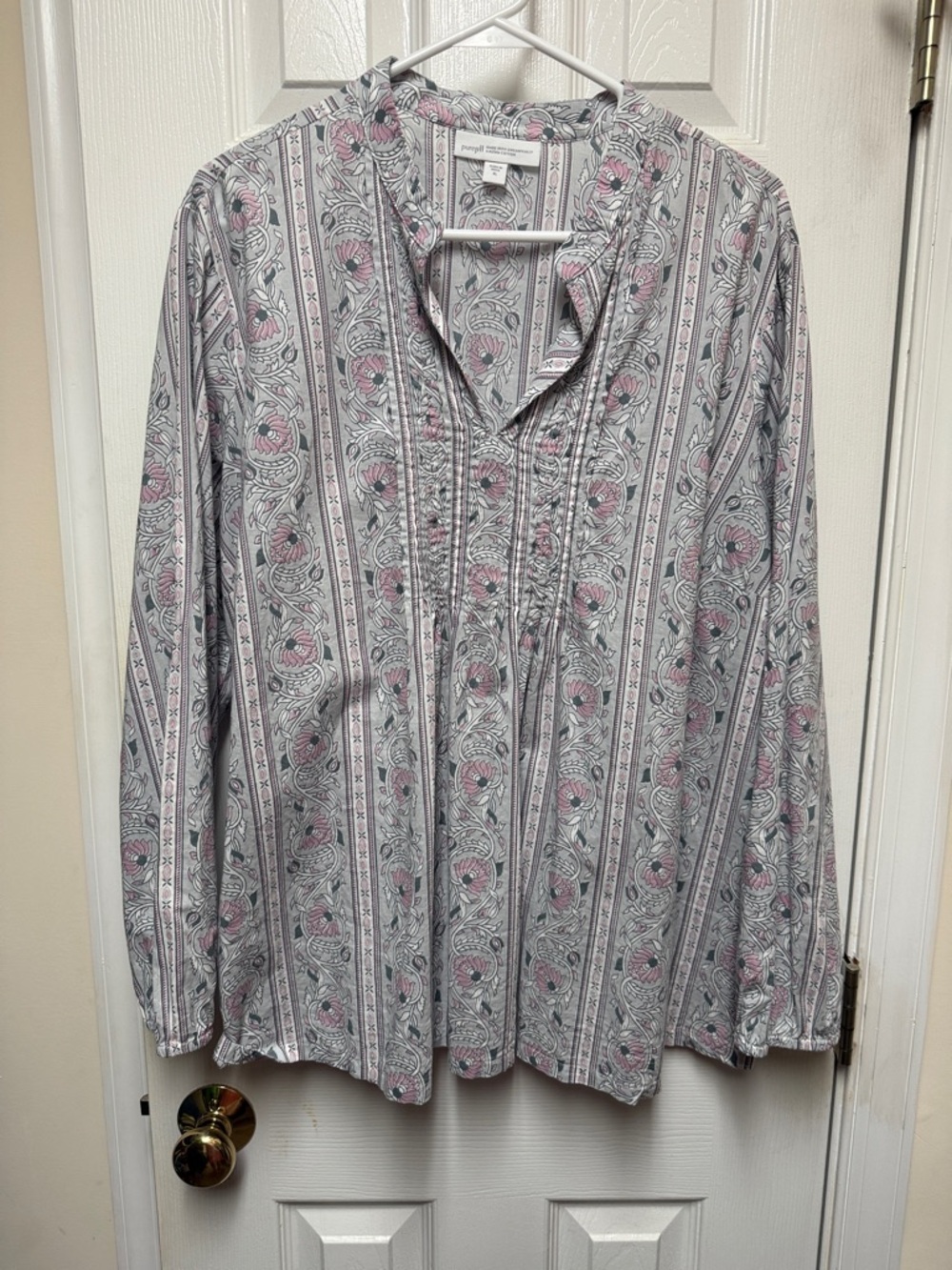 J. Jill Floral Pintuck Gray and Pink Rose Boho Blouse XL